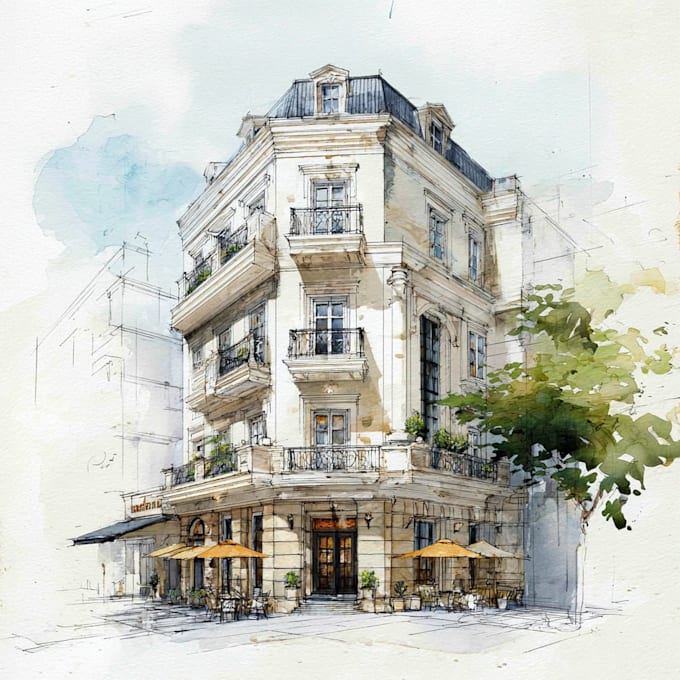 sketch architecture building with watercolor rendering