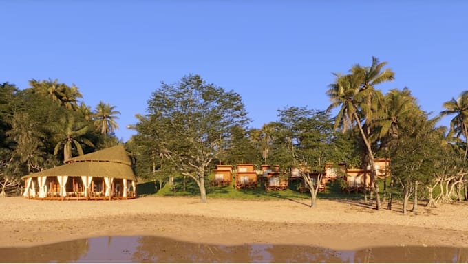 design 3d beach resort, glamping dome render, retreat house visualization, vray