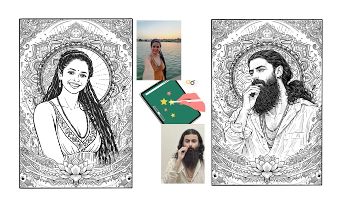create a detailed spiritual mandala line art portrait from your photo