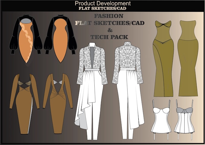 do technical flat sketch, tech pack, cad and garments design