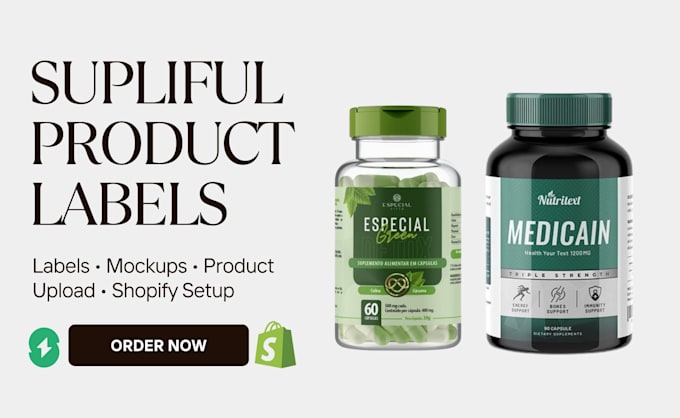 design supliful product labels, upload products, build supliful shopify website
