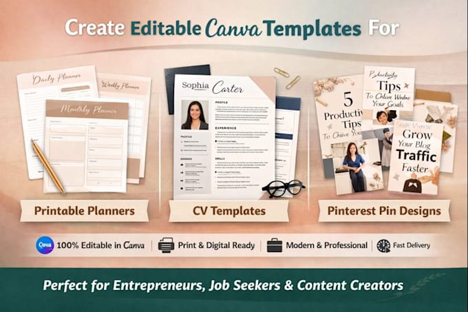 create printable planners, CV templates, and canva templates for pinterest pins
