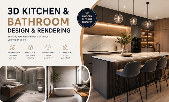 create 3d kitchen and bathroom interior design and rendering
