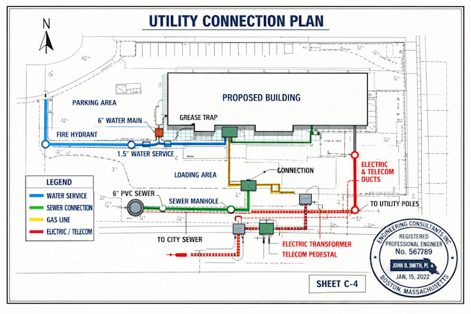Draw and stamp massachusetts utility connection and civil engineering ...
