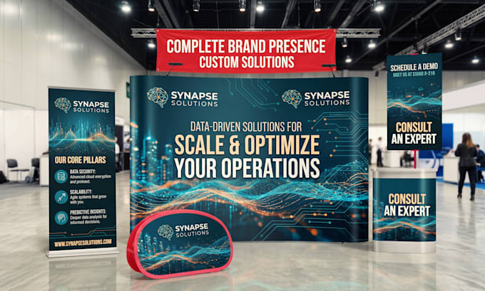 design trade show booth, backdrop, table cover and roll up banner