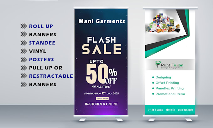 design professional banner, roll up and x stand