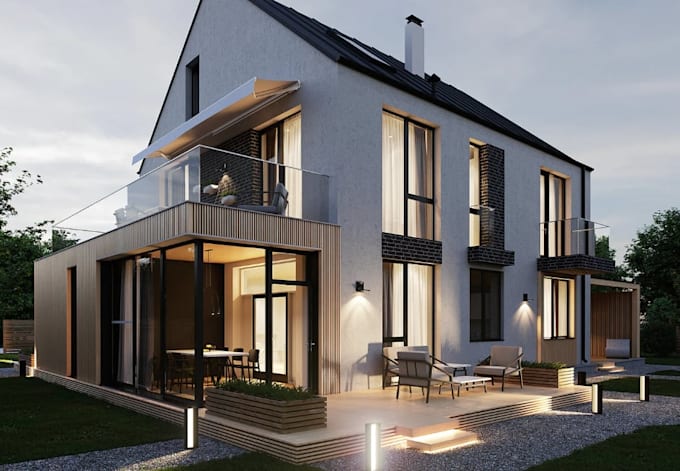 upgrade 3d modern curb appeal,detached house,home addition,night exterior render