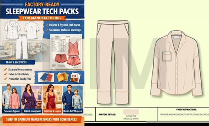create sleepwear tech pack for manufacturing pajamas techpack for pyjamas design