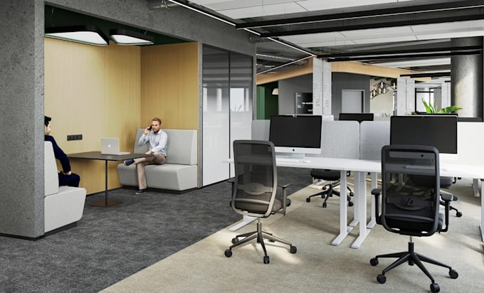 redesign 3d commercial space, co workplace interior, lobby render, office layout
