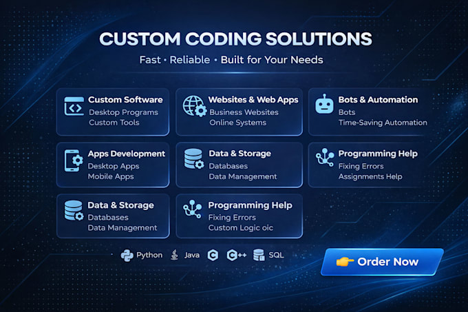 develop ai projects, scripts, bots, and databases in python, java, cpp, and sql