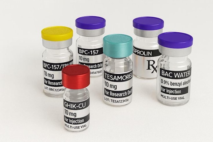 design peptide, vial, product label design, 3d mockup