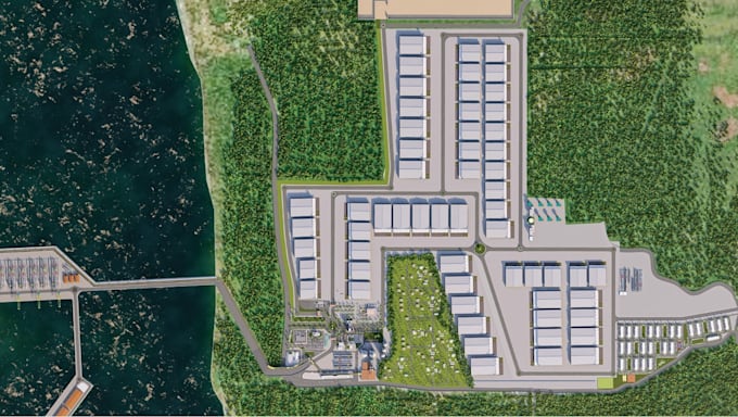 redesign 3d warehouse masterplan, industry park layout, aerial landscape render