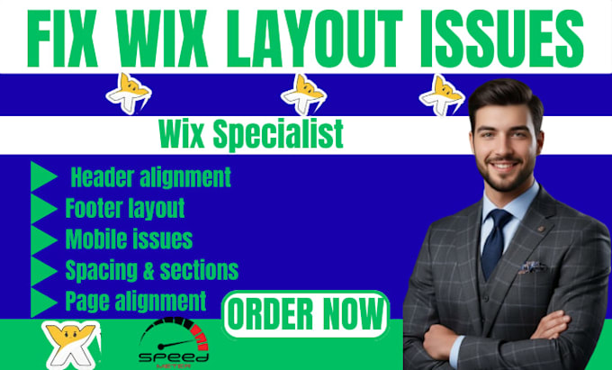 fix wix header footer, layout issues, mobile problems and page alignment