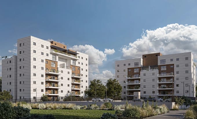 transform 3d apartment complex,facade render,multi story hostel,high rise condos
