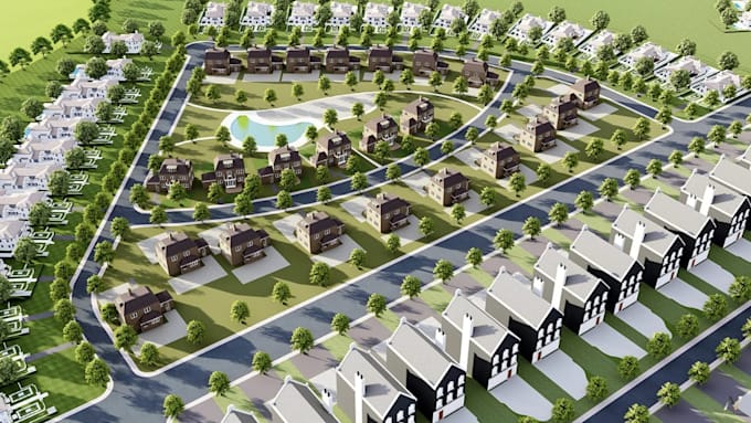 3d master plan visualization,residential site plan render,community housing plan