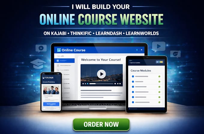design online course website in kajabi, thinkfic, learndash, learnworld