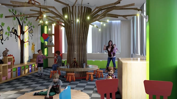 Render 3d preschool,interior design, nursery room,kids play room, cgi ...