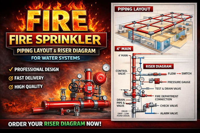 Layout de tubulação de sprinklers de incêndio e diagrama de riser para ...
