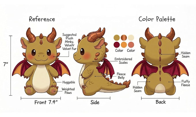 design custom plush reference sheet tech pack stuffed animal toy or ych concept