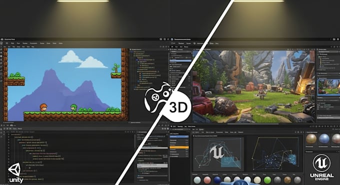 do game development, unity and unreal, 2d and 3d game