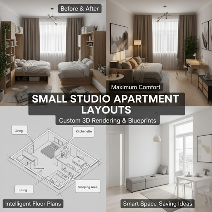 design your small studio apartment and 3d plan