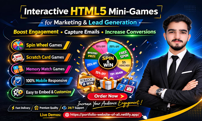 create interactive HTML5 mini games like spin wheel, scratch card for marketing