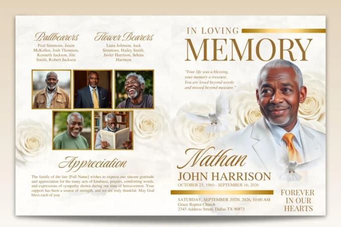 design elegant funeral program, obituary, memorial booklet and funeral flyer