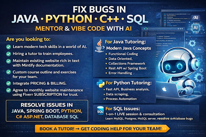 fix bugs in java python cpp sql mentor n vibe code with ai