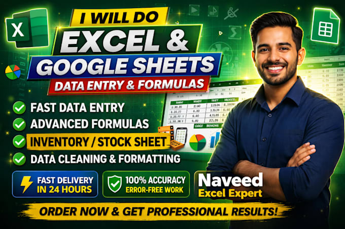 do excel data entry, google sheets, formulas, and stock management