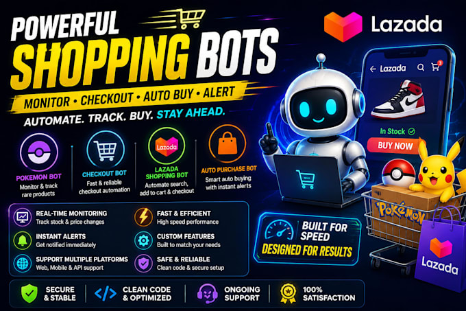 pokemon bot, checkout bot, auto buying lazada shopping bot, auto purchase bot