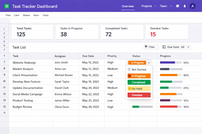 Professional google sheets and excel task tracker with dropdowns and ...
