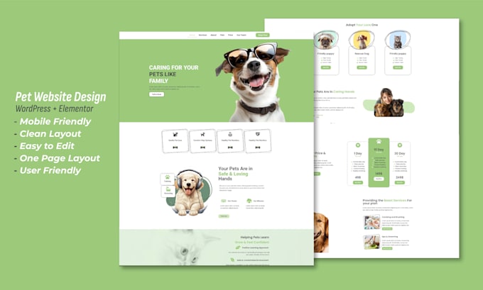design a one page pet care website using elementor