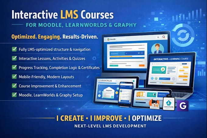 create or improve lms course into interactive lms for moodle, learnworlds,graphy