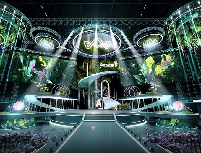 futuristic 3d hall interior,outdoor pavilion wedding,event decor,3d stage,layout