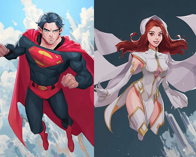 make a fun and colorful superhero cartoon illustration