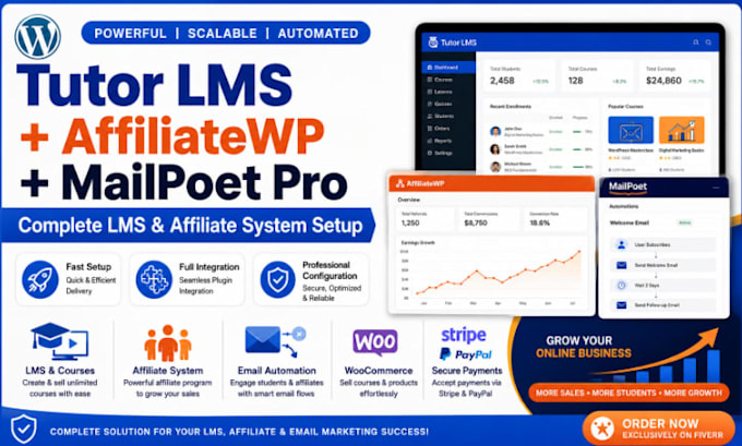 install and setup tutor lms pro, affiliatewp and mailpoet pro