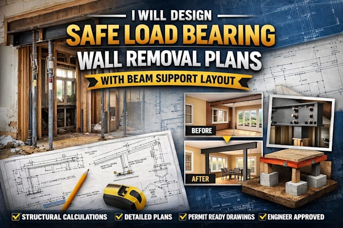 design safe load bearing wall removal plans with beam support layout