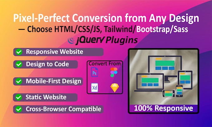 convert figma PSD xd into fast responsive website with tailwind bootstrap sass