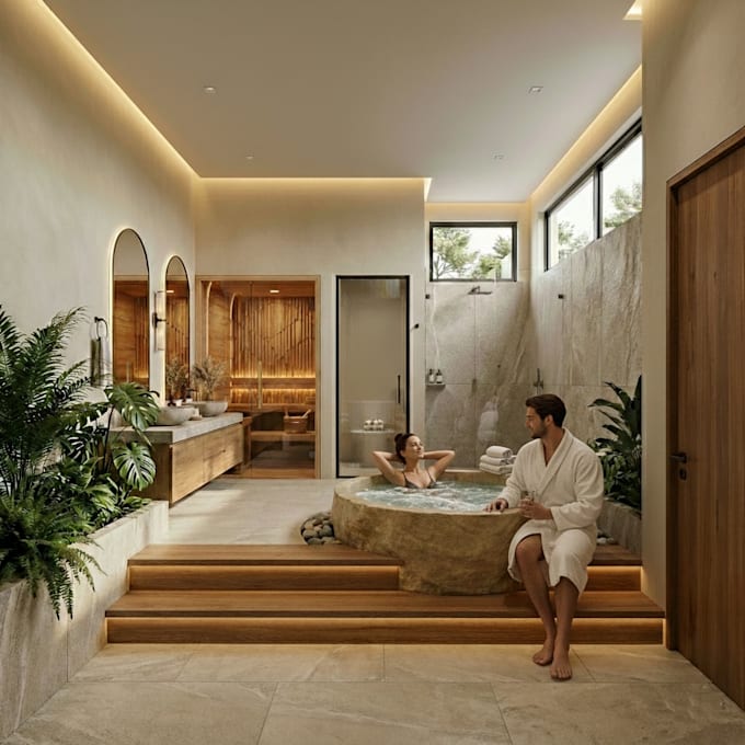 design bathroom, kitchen or bar interior with 2d floor plan and 3d render