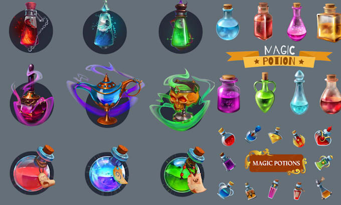 illustrate game icons, item, potion, spells 2d game asset, set, scrolls and book