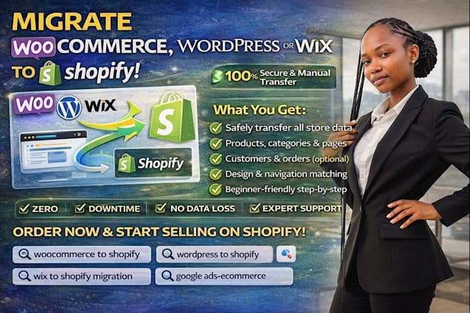 migrate woocommerce, wordpress, etsy wix, weebly website to shopify store