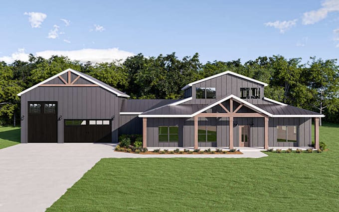 provide barndominium pole barn, farm house plan floor plan, 3d model cabin