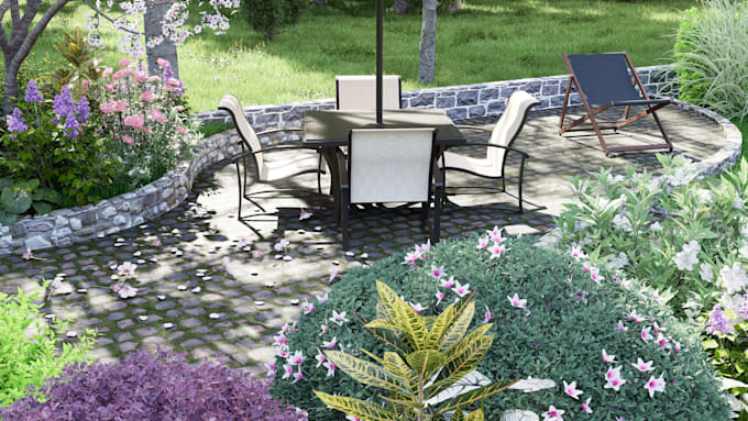 design a backyard landscape, pool, patio, and garden with realistic renders