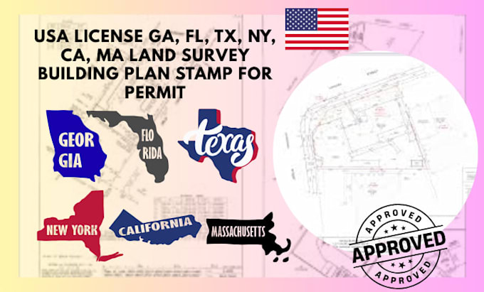 Usa license ga, fl, tx, ny, ca, ma land survey building plan stamp for ...