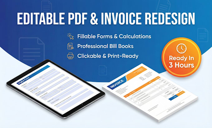 redesign or recreate an editable fillable PDF form, invoice or bill book