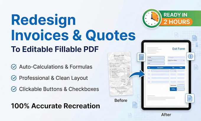redesign or recreate quotation receipt, invoice form, make editable fillable