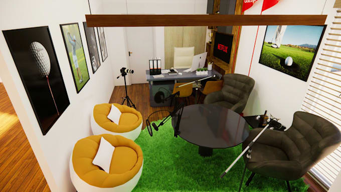 design 3d podcast studio interior, 3d home studio streaming studio music studio