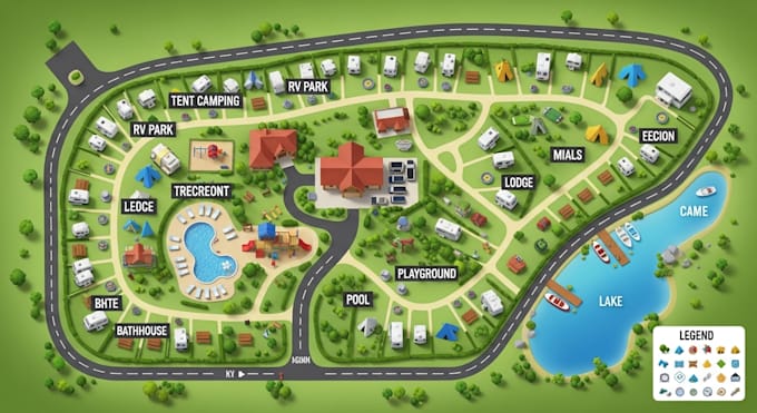 draw 2d and 3d campground, property map, vector, resort and rv park map