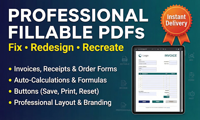 redesign, recreate an editable fillable PDF invoice, receipt, or order form