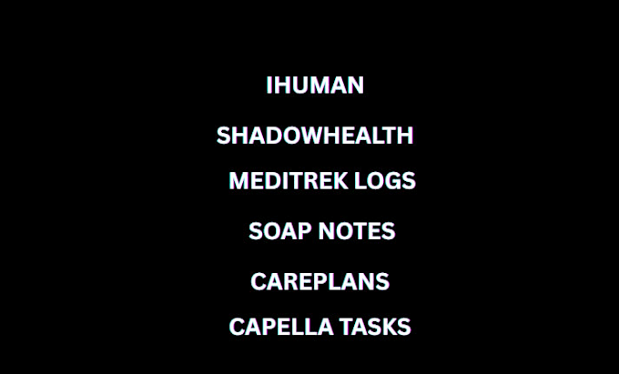 do ihuman, shadowhealth, soap notes, meditrek logs, careplans, capella tasks
